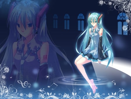 Hatsune Miku - tie, pretty, artistic, window, uniform, flowers, headphones, princess, nice, program, pond, hot, thighhighs, beauty, virtual, cg, white, gray, cute, aqua eyes, caslte, song, outfit, sexy, vocaloid, anime, majestic, twintail, hatsune miku, microphone, music, aqua, art, idol, anime girl, skirt, water, beautiful, singer, girl, cool, black, miku, awesome, diva, digital, aqua hair, hatsune, vocaloids, headset