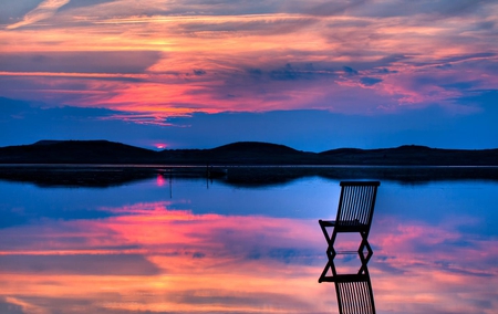 Sunset - sky, lake, mountain, sunset, nature, chair, reflection, beautiful, clouds, colors