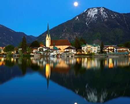 Wallberg Mountain Germany - germany, water, church, blue, lake, sky, architecture, wallberg, houses, reflection, moon, trees, nature, mountain