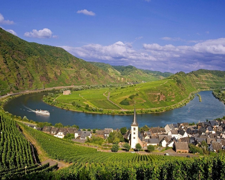 Village of Bremm Germany - sky, houses, mountain, water, nature, white, bremm, village, clouds, rows, architecture, grass, germany, vines