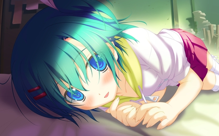 love looking at you - game, blue eyes, blush, green hair, cg