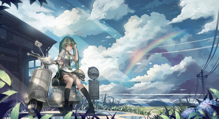 Hatsune Miku - headphones, volcaloid, cute, hatsune miku, sky