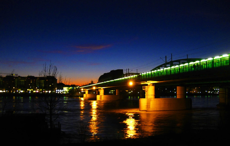 a_bridge_at_night - sky, reflection, water, night, neons, bridge