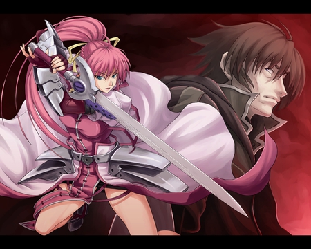 cool anime - long hair, sword, black, pink