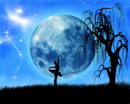 Moon Ballet - skies, moon, woman, clear, ballet, night, stars, tree