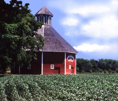 Round Red Barn - round, sky, red, field, barn