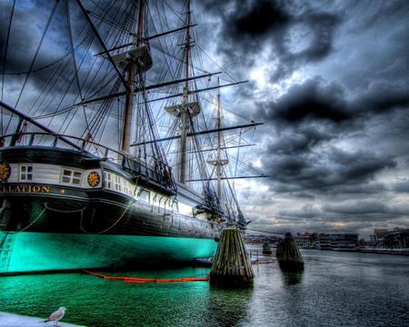 constellation ship - clouds, abstract, water, ship, boat, sea, ocean, docked, green, see, sky