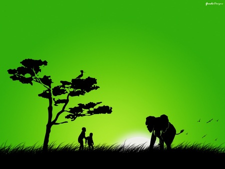 Elephant With Kids !!! - kid, elephant, abstract, green, 3d-art, tree, black