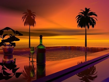 time to relax - wineglass, sky, palms, bottle, pool, sea, relax