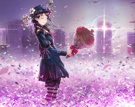 Tagme - anime, original, dress, city, tagme, petals, flower girl, flowers, rose, black hair