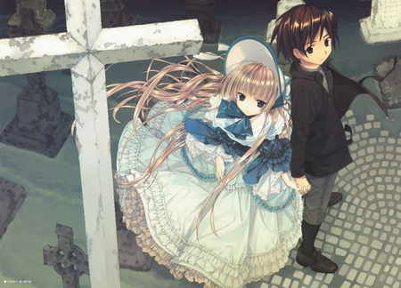 Victorique and Kazuya - girl, hat, boy, victorique de blois, anime, kazuya kujo, gosick, dress