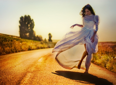 Runaway Bride - beauty, sadness, sunlight, photography, white dress, bride, field, road, white, nature, beautiful