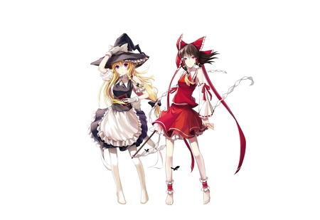 Touhou - hat, yellow eyes, dress, headband, blonde hair, long hair, red eyes, short hair, white, black hair, barefoot