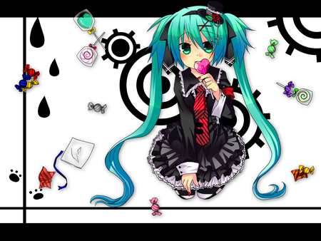 Hatsune Miku - rain drop, aqua, colorful, music, anime girl, stockings, lolicon, white, lolipop, art, cool, aqua eyes, artistic, hatsune miku, song, vocaloids, program, vocaloid, pink, beautiful, sweet, uniform, diva, dress, beauty, nice, twintail, singer, aqua hair, black, virtual, pretty, idol, anime, miku, cute, girl, loli, cg, hatsune, candy, red, blue, awesome, flowers, digital, gray, outfit