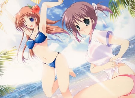 Day At The Beach - girls, beauty, beach, swimsuit, sun, ribbon, cute