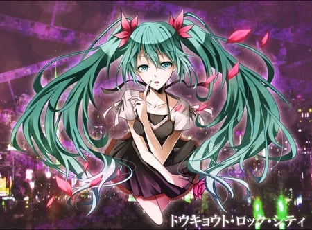 Hatsune Miku - aqua, stage, thighhighs, music, anime girl, white, art, cool, petals, aqua eyes, artistic, hatsune miku, song, vocaloids, program, vocaloid, beautiful, pink, diva, dress, nice, beauty, twintail, singer, aqua hair, black, virtual, pretty, idol, green, anime, miku, cute, girl, cg, hatsune, flowers, digital, awesome