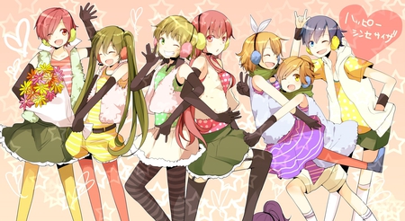 Happy Synthetizer Vocaloids - pretty, multicolor, happy synthetizer, long, pink, luka, happy, rin, headphones, kaito, friends, nice, len, friendship, love, hair, wonderful, green, cute, shorts, vocaloid, yellow, blue, blonde, purple, straights, red, all vocaloids, beautiful, orange, gumi, colorful, miku, vocaloids