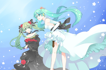 Two MikU - pretty, roses, dresses, vocaloid, blue, eyes, snow, dress, happy, aqua, red, two, nice, lond, beautiful, lovely, mikus, sweet, hair, wonderful, black, white, and, miku, green, cute, vocaloids