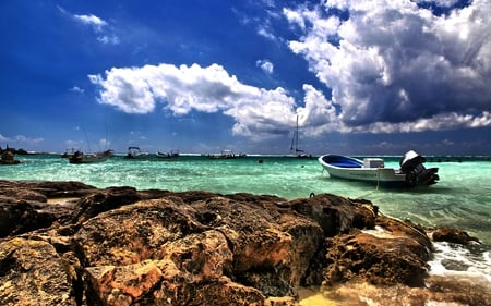 Sailing - blue, boat, splendor, sailboats, sailing, view, sky, clouds, beautiful, sea, beauty, colors, lovely, ocean, boats, nature, sailboat, waves, peaceful, rocks