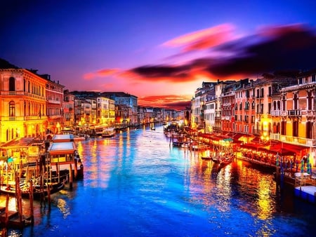 Venice - venice, colorful, sunset, view, lanterns, reflection, romance, boat, building, boats, gondolas, sailing, buildings, nature, pier, romantic, beautiful, sunrise, sea, beauty, sky, italy, peaceful, water, clouds, architecture, house, houses, gondola, lovely, italia, town, blue, splendor, city, colors, lights