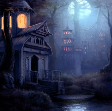 secret town - forest, moonlight, fantasy, river, elves, moon, ontown, abstract