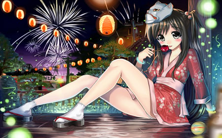 Japanese Girl - anime girl, female, original, blush, leg, sweet, licking, mask, candy apple, japan clothes, japanese girl, cute, sitting, sexy, firework