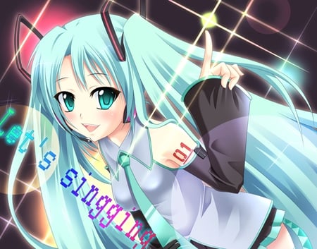 Hatsune Miku - aqua, stage, thighhighs, colorful, music, anime girl, white, art, cool, aqua eyes, artistic, hatsune miku, skirt, song, vocaloids, glow, program, vocaloid, pink, beautiful, uniform, diva, beauty, nice, twintail, singer, aqua hair, black, virtual, pretty, idol, anime, miku, cute, girl, cg, hatsune, red, tie, awesome, digital, gray, outfit, lights