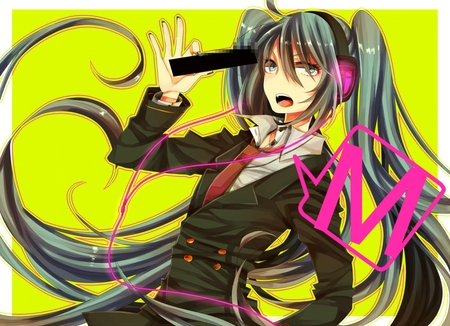 Hatsune Miku - tie, pretty, artistic, pink, uniform, headphones, nice, program, formal, lime green, hot, beauty, virtual, cg, white, green, cute, aqua eyes, song, outfit, sexy, vocaloid, censored, anime, yellow, blue, twintail, hatsune miku, microphone, music, aqua, art, idol, anime girl, beautiful, singer, girl, cool, suit, black, miku, awesome, diva, digital, aqua hair, hatsune, vocaloids, headset