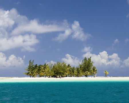 Tikehau French Polynesia - water, beach, ocean, blue, sand, white, sky, clouds, island, trees