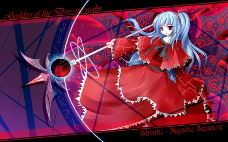 Shinki - blue hair, shinki, touhou, girl, ribbons, long hair, cute, dress