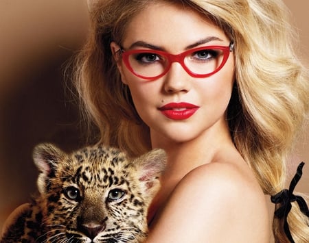 Kate Upton - woman, cub, actress, glasses, popular, girl, very sexy, kate upton, model, pretty, red, tiger, blonde