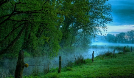 Silent River - green trees, river, blue, silent