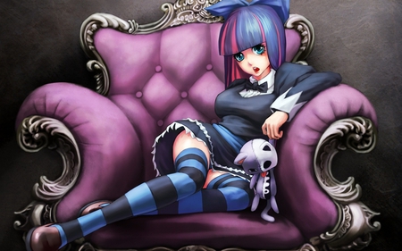 anime girl - doll, girl, pink, blue, armchair, anime, black