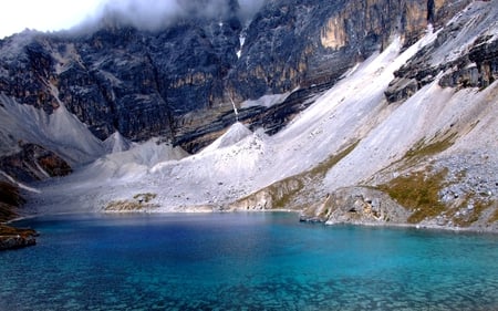 MOUNTAIN LAKE - blue water, slope, lake, mountain, fog