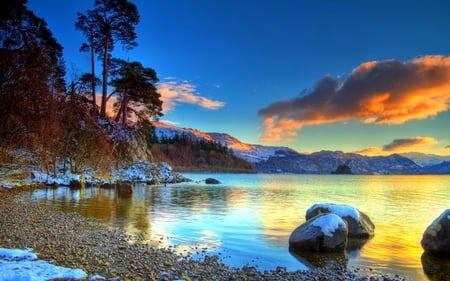 SNOW SHORE at DUSK - shore, winter, sunset, lake, dusk, forest