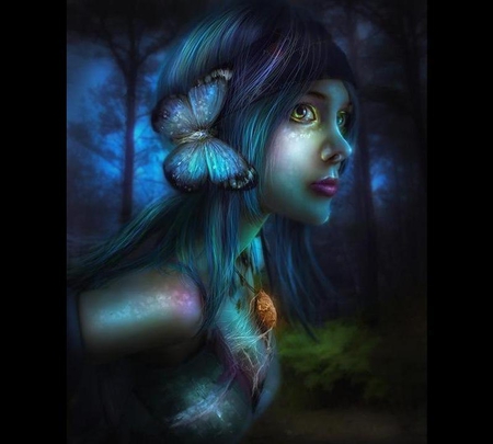 Cocoon in the Night - butterfly, girl, female, digital art, fantasy