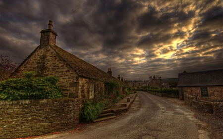 Village Below The Vista - stone, sky, houses, clouds, colors, road