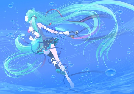 Miku Hatsune - nice, sunshine, aqua, hair, eyes, dressa, append, water, shine, wonderful, bubbles, underwater, pretty, miku, cute, hatsune, blue, beautiful, headphones, strange, long, fantastic