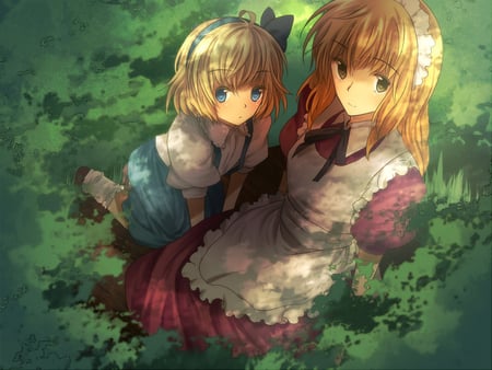 Alice and Yumeko - girls, touhou, cute, alice margatroid, leaves, dress, yumeko, maid, ribbons