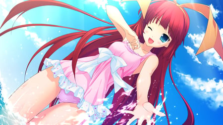 Summer day - game cg, von term, tiny dungeon, swimsuit, water, wink, red hair, kuon itsuki