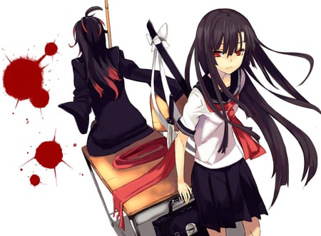 Original - blood, black hair, weapon, katan, long hair, red eyes, uniform