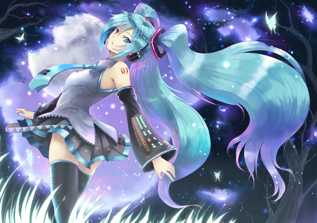 Vocalooid - headphones, dress, aqua eyes, aqua hair, long hair, sky