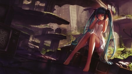 miku - abondoned, hatsune miku, twin tails, headphones, anime