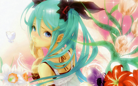 hatsune miku - hatsune miku, sad, blue eeys, aqua hair, bird, twin tails, pretty, vocaloid, flowers, blush, miku