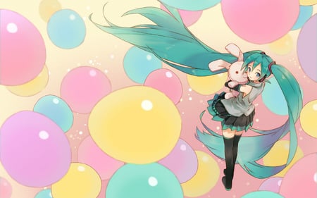 cute miku - twin tails, anime, miku, cute, balloons, hatsune miku, bunny