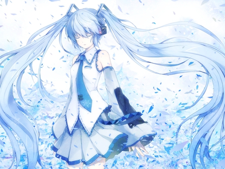 Yuki Miku - aqua, headset, music, anime girl, white, art, cool, aqua eyes, artistic, hatsune miku, blue eyes, song, vocaloids, program, yuki miku, vocaloid, snow, beautiful, sonwflakes, diva, beauty, nice, twintail, singer, aqua hair, black, virtual, pretty, idol, anime, miku, cute, girl, cg, blue hair, hatsune, microphone, yuki, headphones, blue, awesome, flowers, digital