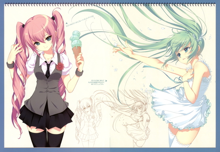 Fresh Icecream - sunny, summer, calendar, long, pink, luka, bracelet, icecream, append, hot, megurine, hair, wind, shirt, grey, white, and, background, vocaloid, blue, boots, air, dress, eyes, aqua, fresh, sun, skirt, from, black, curly, miku, hatsune, vocaloids