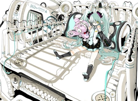 Strange Miku - vocaloid, append, from, assolute, bed, white, miku, strange, strangerouse, hatsune, vocaloids