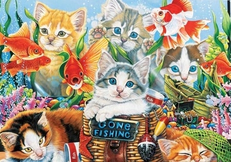 FISHEN KITTENS - gold, kittens, fish, playing