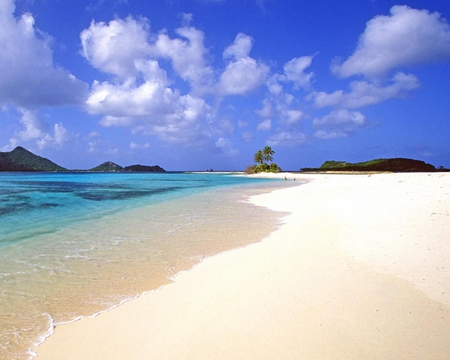 Calm Waters Caribbean - water, landscape, beach, blue, sand, sky, clouds, nature, mountain